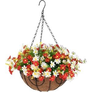 Artificial Hanging Red Flowers in Basket for Spring Summer‎ Outdoor